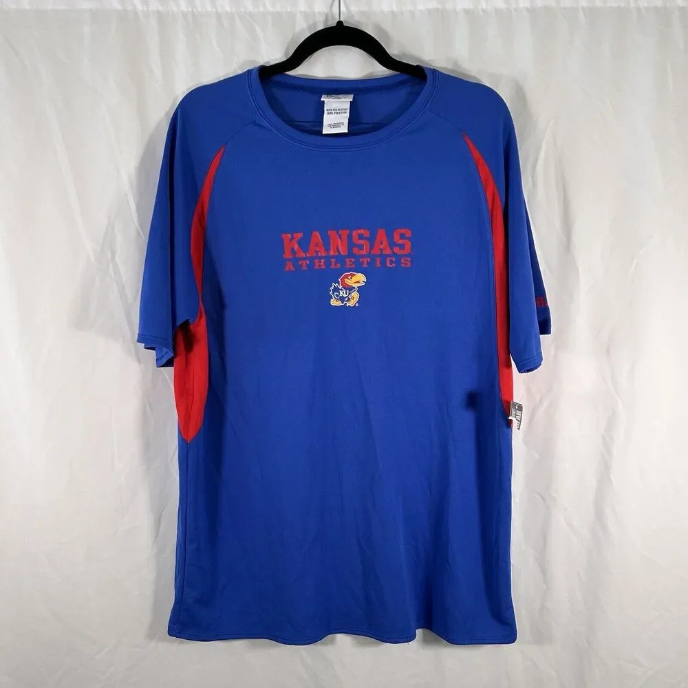 Kansas Jayhawks Shirt Men's Large Blue Graphic Print Crew Neck Short Sleeve